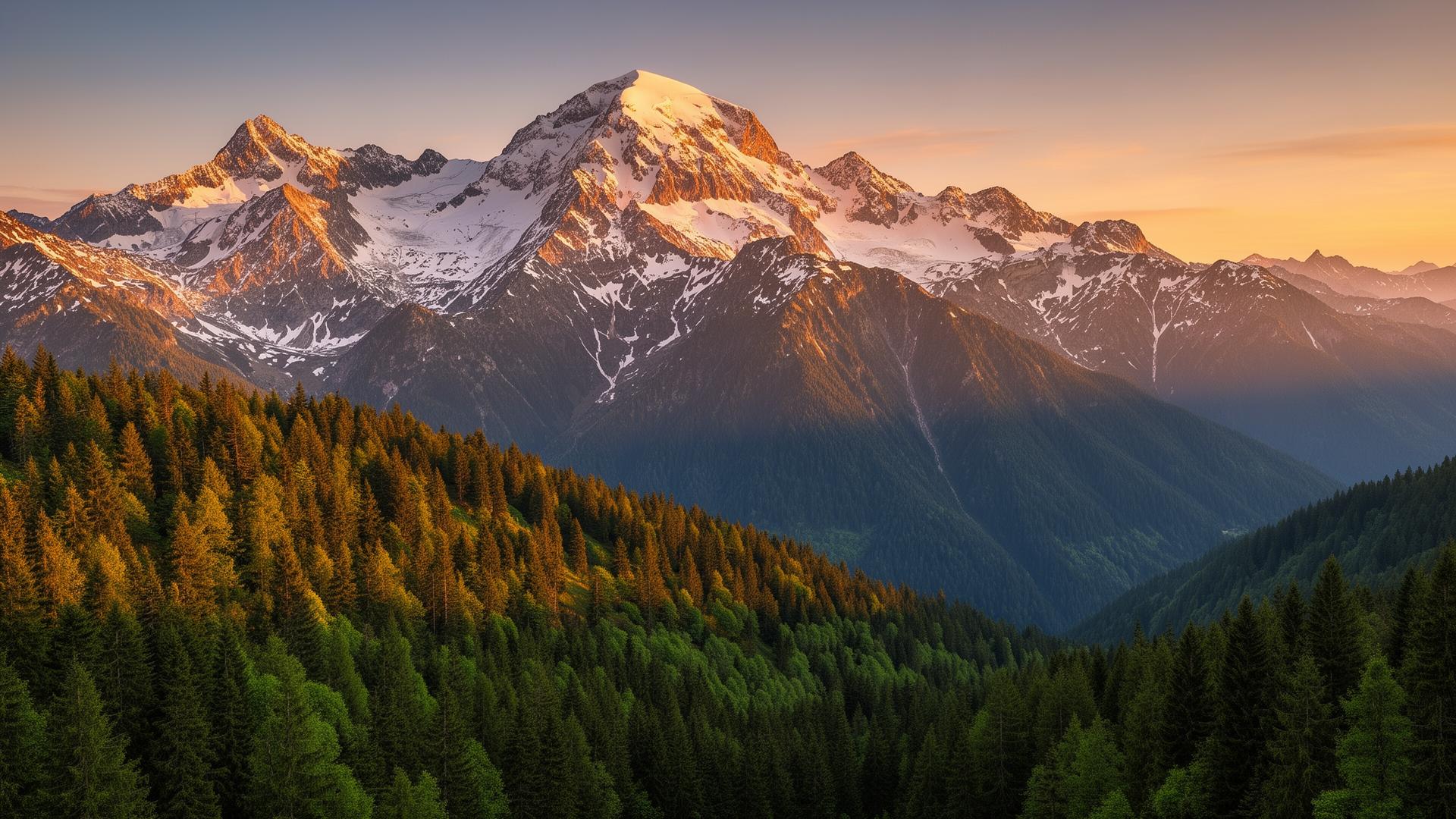 Snow-capped Rila and Pirin mountain peaks above pine forest